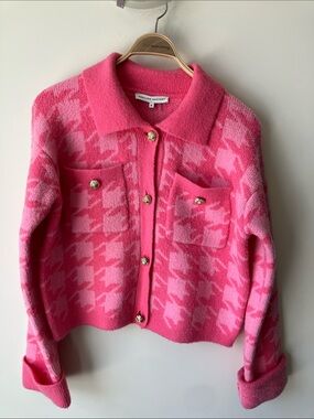 ENGLISH FACTORY Pink Houndstooth Gold Button-Front Sweater Jacket Size M NWT